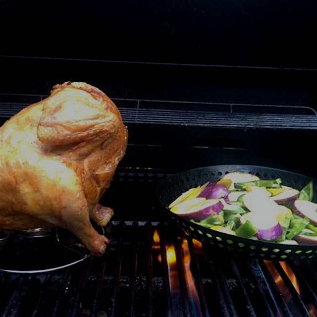 Grillin' beer can chicken + Japanese eggplant, bell peppers, and varieties of squash.