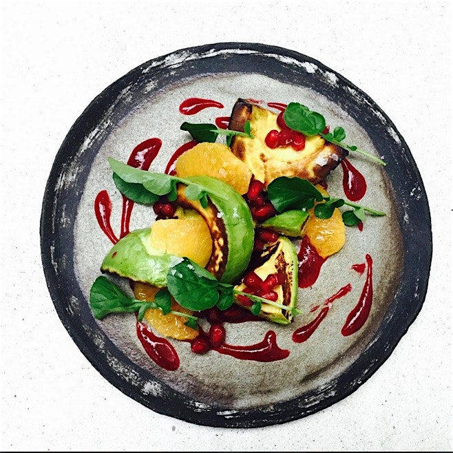 One of the fine vegan restaurants in LA. Pictured here: BLISTERED AVOCADO. VALENCIA ORANGE. POMEG...