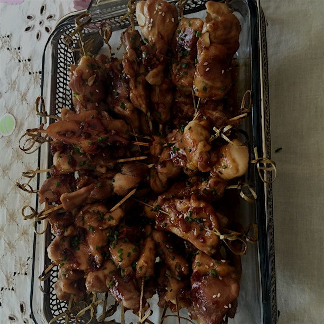 "These sweet and savory chicken skewers get their crispiness from a caramelized brown-sugar glaze...