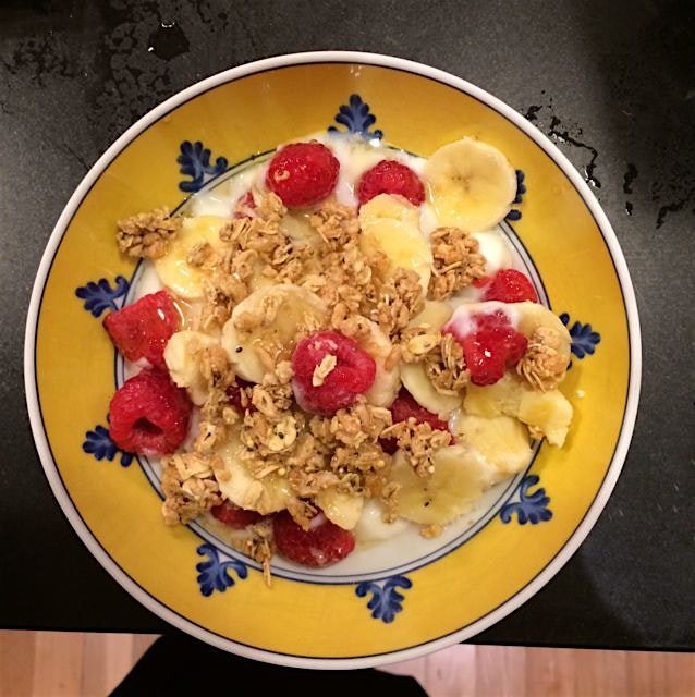 I can't believe they are still hungry, but there you go. Yogurt and fruit with granola. 