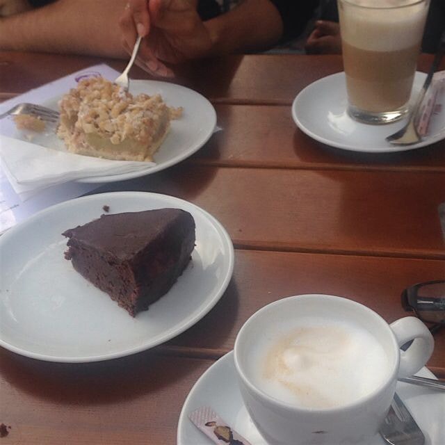 Kaffee und kuchen pause! (Coffee and cake break) after a long day of hiking. Chocolate torte + ap...