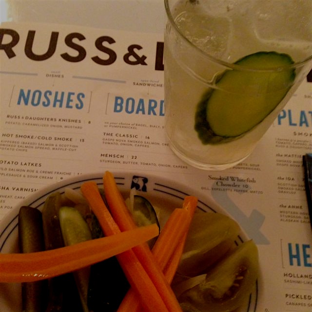 Pickled vegs and cucumber soda at Russ & Daughters cafe, LES