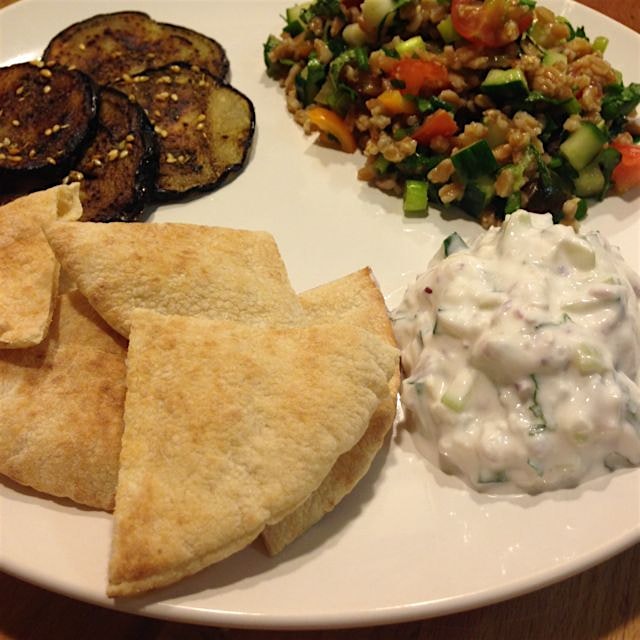 Well, it took most of the night, but was well worth it. Farro tabbouleh, fried eggplant with zaat...