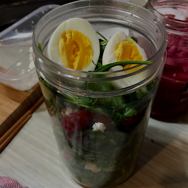 Because I'm too cheap to buy containers and I also eat way too much kimchi. 

Arugula salad with ...