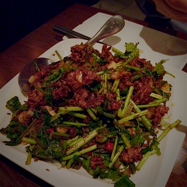 Spicy cumin lamb sautéed with fragrant cilantro and Chinese celery.