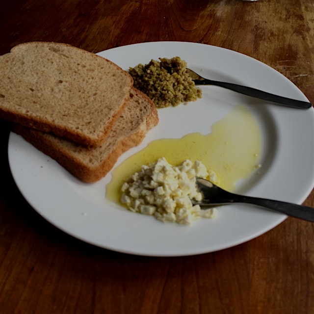 my daughter made this! green olive tapenade with feta cheese