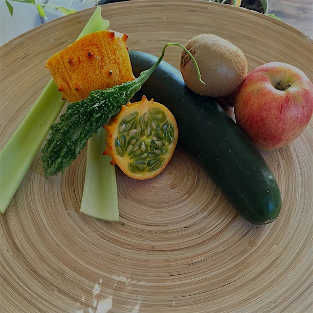 "“My smoothie, pre-blend! 😜😊💖 Apple, cucumber, kiwi, celery, kiwano, bitter melon.  #VicariousMom...