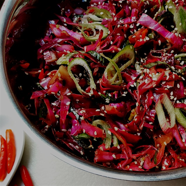 A spicy grilled and raw cabbage salad. I love playing with food textures. Using a mix of cooking ...