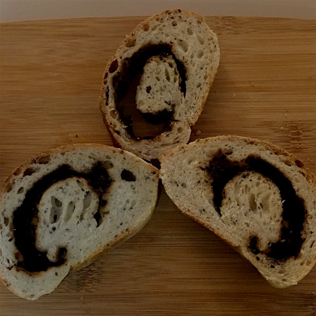 A savory swirl bread with tapenade (and chia). This is great for snacking, sandwiches, soups, or ...