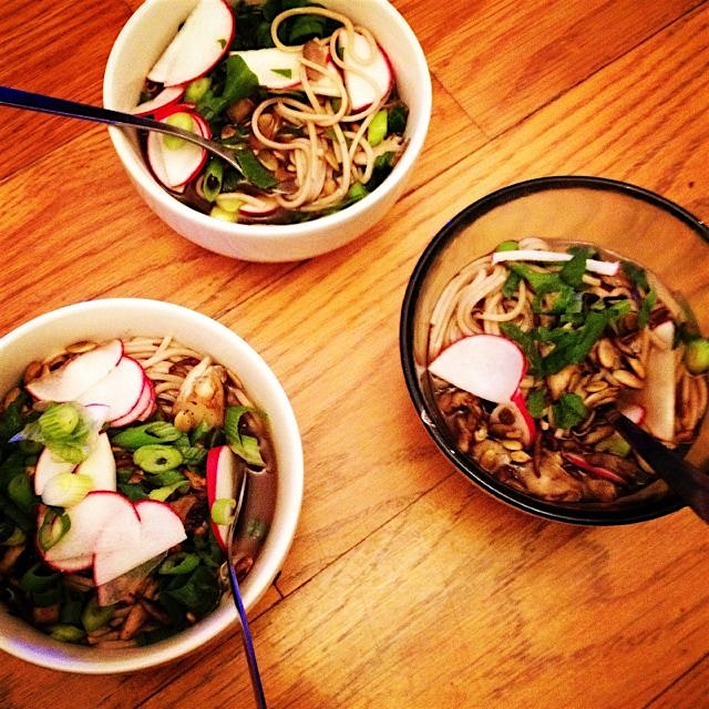 Beautiful soba dish with lightly sautéed maitake mushrooms and pumpkin seeds - my daughter ate it...
