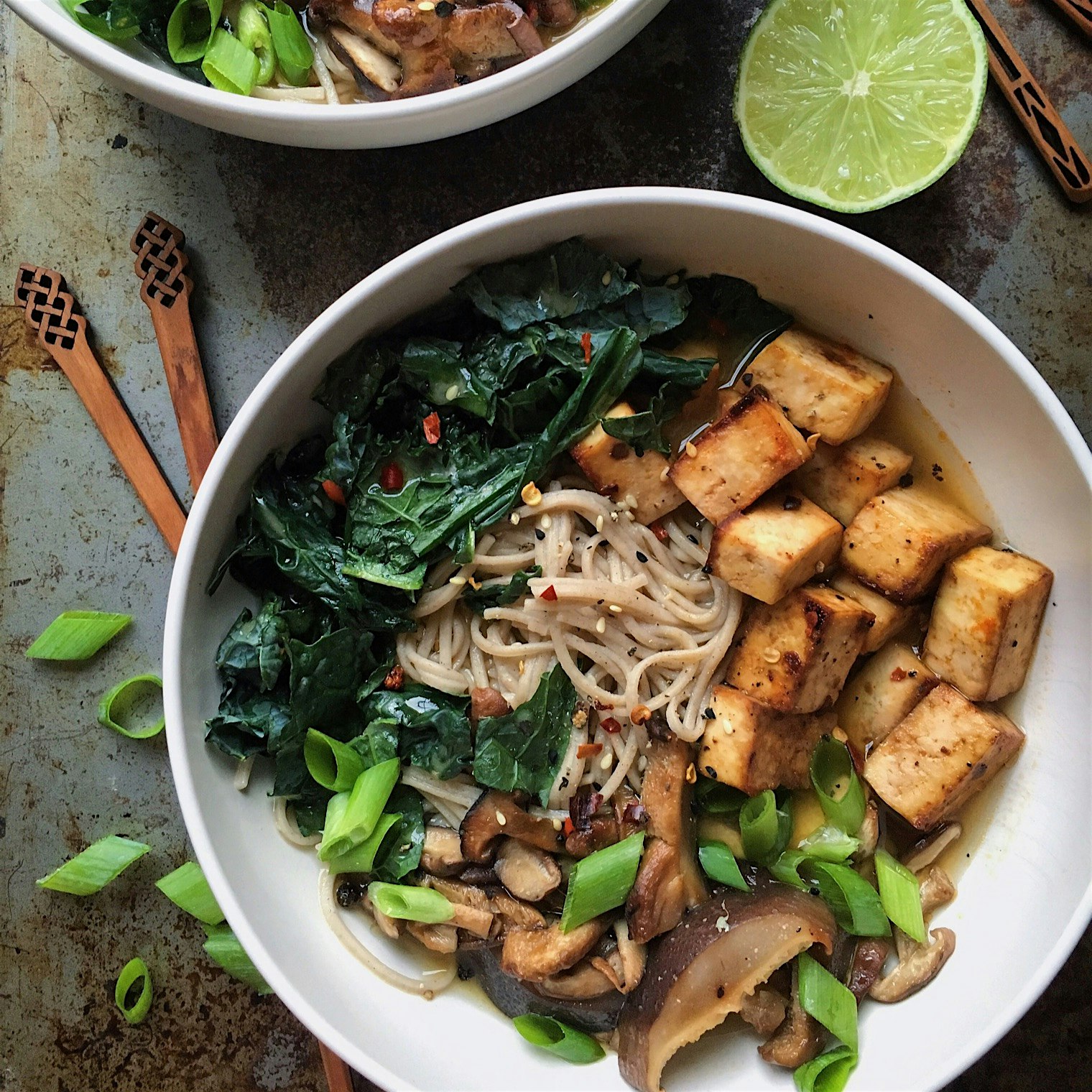 Miso, ginger, shiitake, kombu broth! With crispy sesame tofu, kale, and mushrooms. Perfect rainy ...