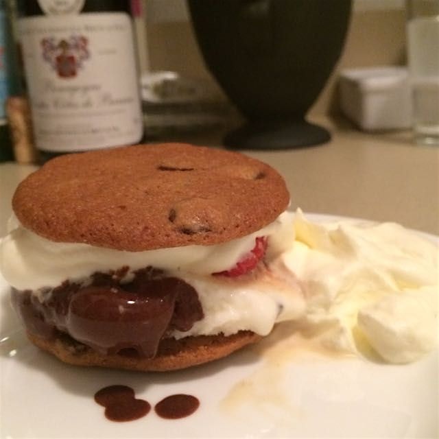 Sunday night ice cream sandwich with hand whipped cream (by me)