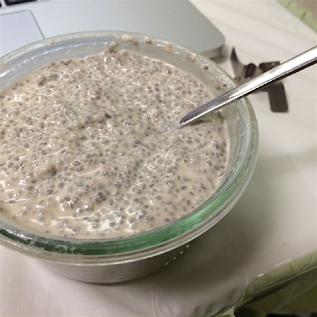 Mid morning chia break at work. With my homemade cashew milk. 