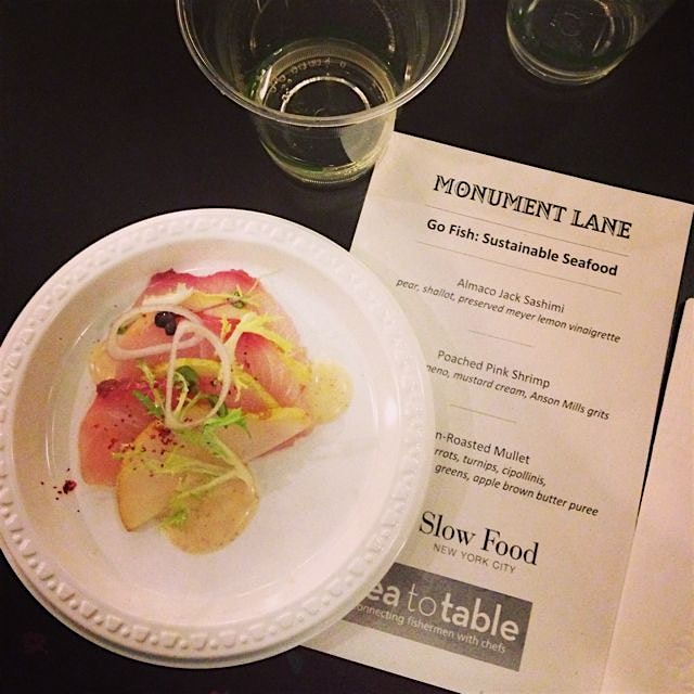 slow food nyc U event with sea to table + monument lane. this is almaco jack sashimi with pear, s...