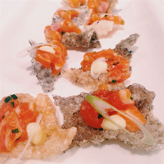 Salmon tartar over fried trout skins at the James Beard House by Vernick Food & Drink. 