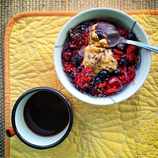 Acai bowl with melted peanut butter & berries + more Worka blend from Re-Animator coffee 