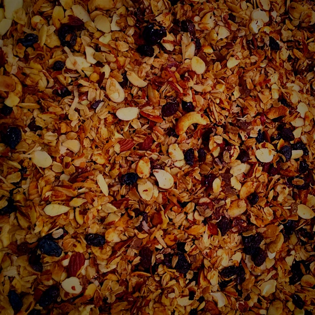 I've fallen in love with making my own granola!  You can add whatever -grains, nuts, seeds, dried...
