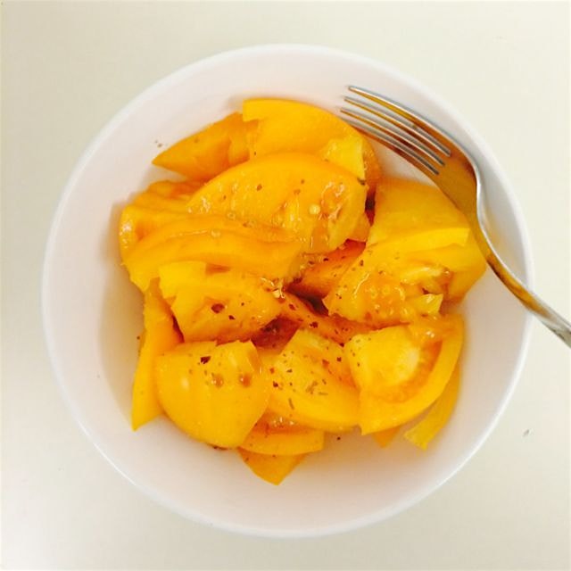 This conjoined heirloom was even prettier pre-slicing, but I couldn't resist. The olive oil and c...