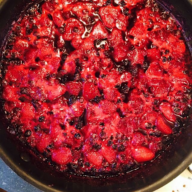 Stewed raspberries getting prepped for lemons curd French toast. Baby shower feast!