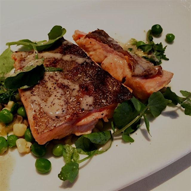 Grilled trout with mushrooms, peas, corn, leeks and watercress. #restauranttip