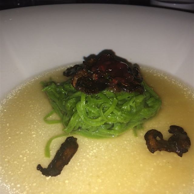 Kale angel haired pasta, genmai miso broth, cranberry caviar by Chef Omar Tate