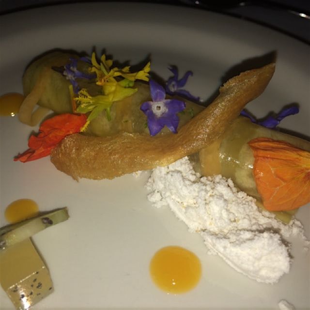 Spiced panna cotta, papaya, mango, and jerked coconut caviar by Chef Matt Jozwiak