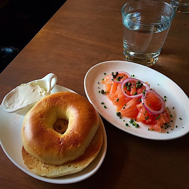 The best breakfast! Bagels, cream cheese, and lox!