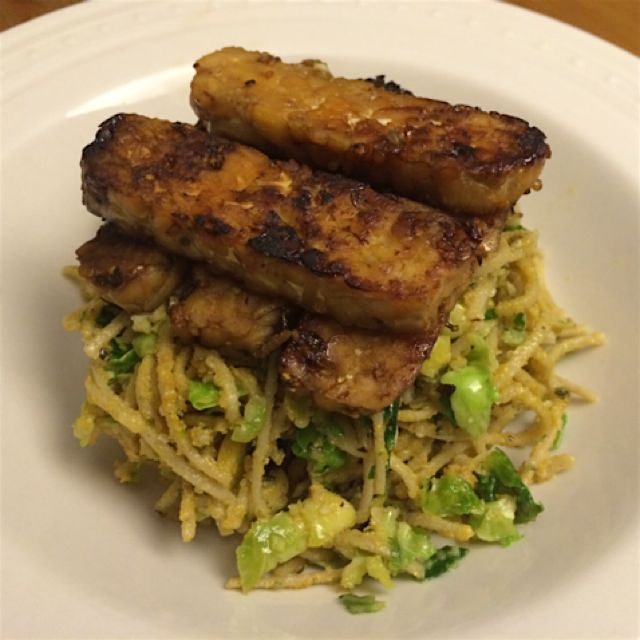 Dinner tonight! Soba with grated Brussels, nutritional yeast, maple syrup, mustard, and olive oil...