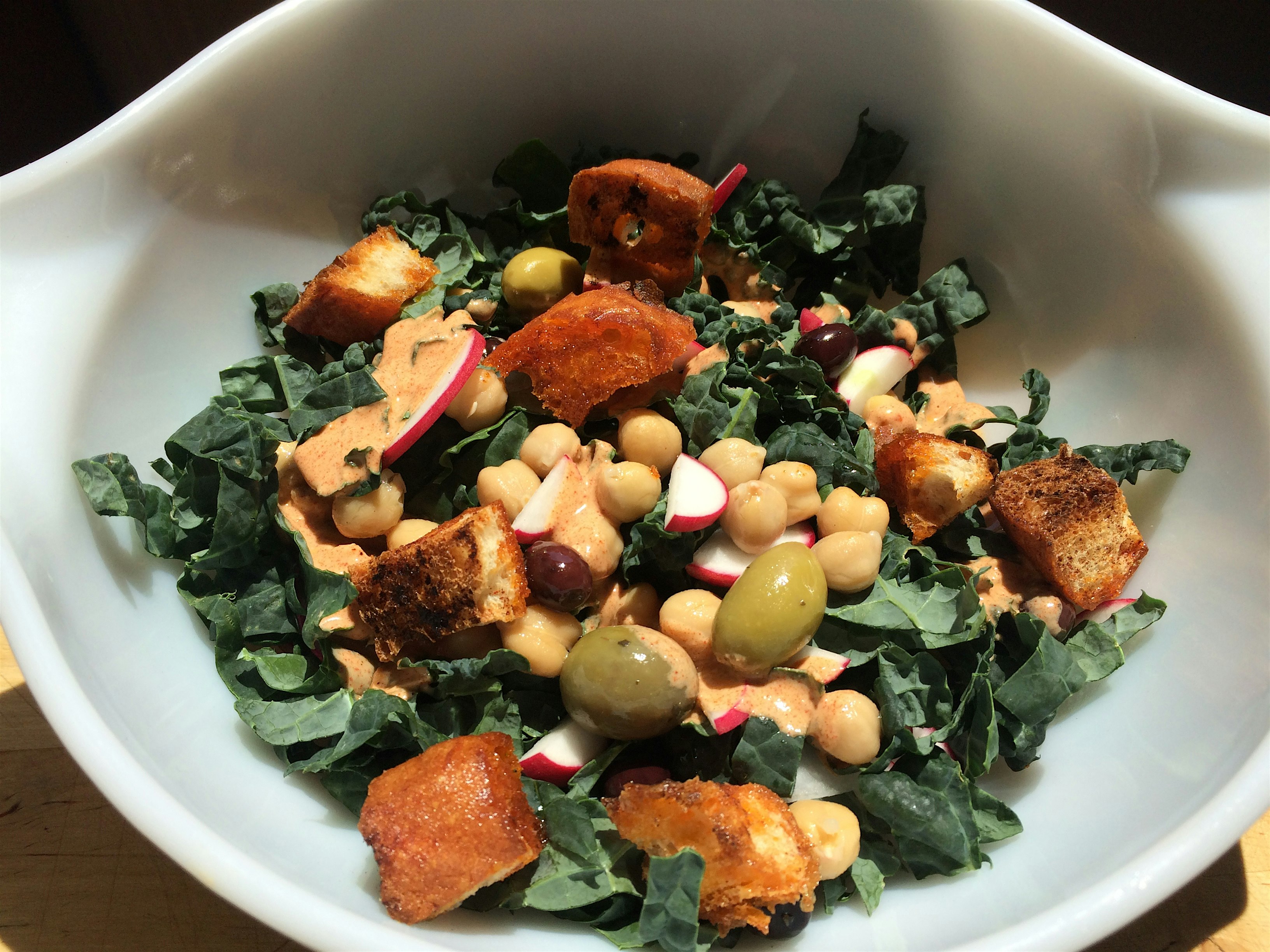 Stale bread is resurrected for croutons in this smoky kale salad.

#nofoodwaste
