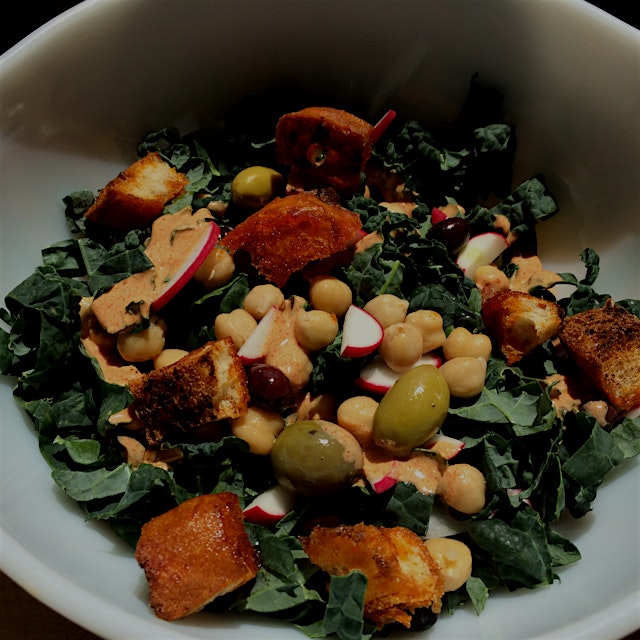 Stale bread is resurrected for croutons in this smoky kale salad.

#nofoodwaste
