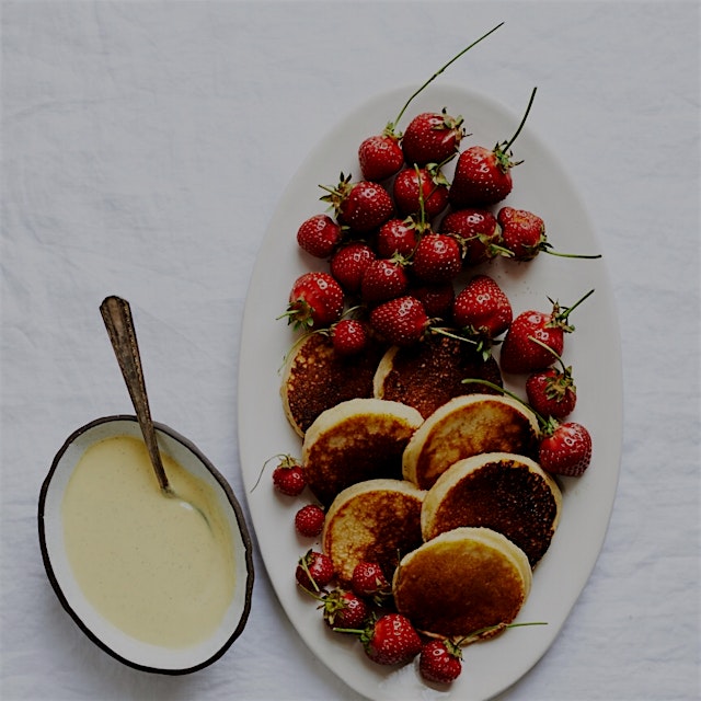 Strawberries are sure having their moment...with pancakes and creme anglaise #inseasonnow #Flavor...