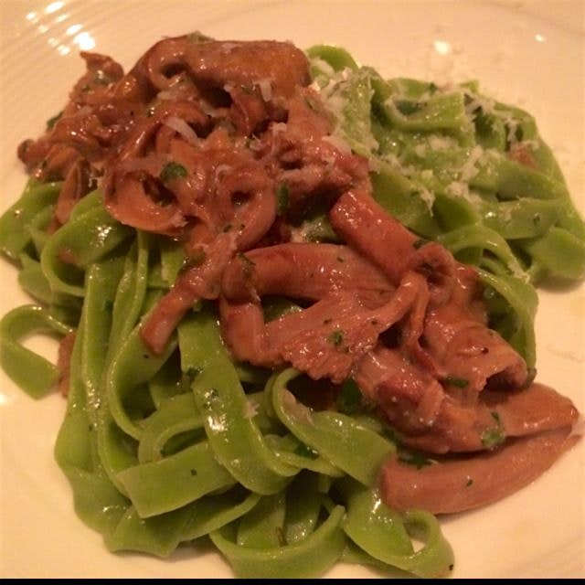 Kale tagliatelle with hedgehog & lobster mushrooms. Delish at Seven Hills in SF.
