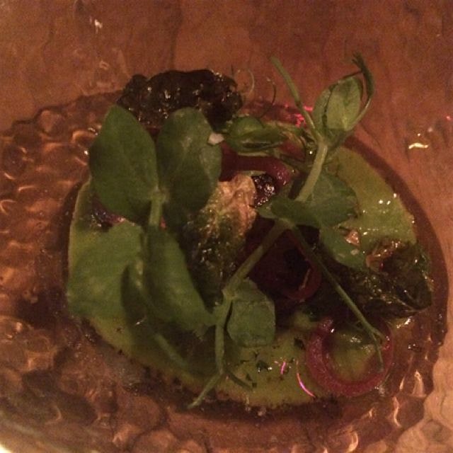 Third course: roasted sun chokes, purslane, and a green potato purée 