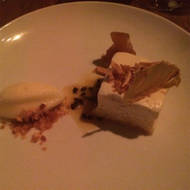Dessert: a piña colada semifreddo with almonds and a pineapple sorbet. 