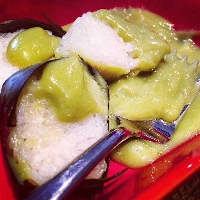 Pandan Kaya (Malaysian coconut jam) with sticky rice cooked in banana leaves. 