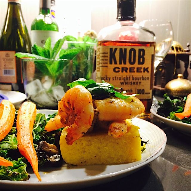 First time making shrimp and grits. I was channeling my southern self - wide brimmed hat, bourbon...