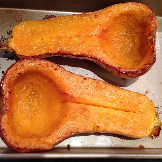 Roasting butternut squash for a comforting soup!