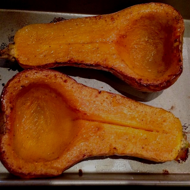 Roasting butternut squash for a comforting soup!