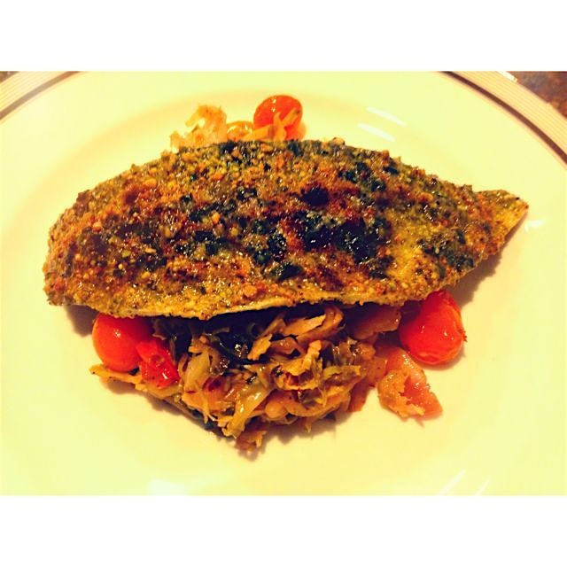 Pistachio crusted branzino. Braised Brussels sprouts. Preserved lemon. 
