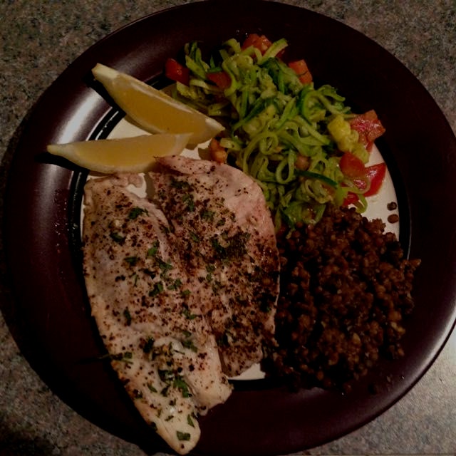 My not so shy tilapia cozying up to some lentils and zucchini pasta (can't get enough) #dinnerfortwo