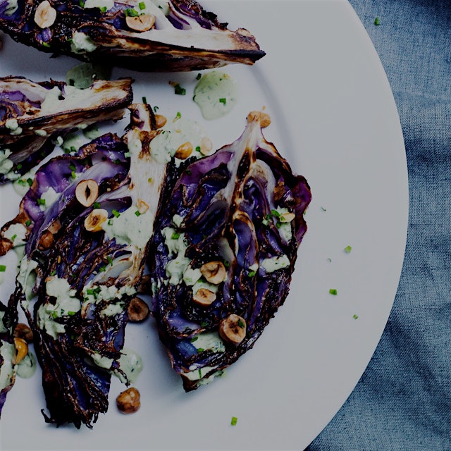 Easy and delicious veggie recipe! Roasted cabbage with vegan green goddess dressing. 