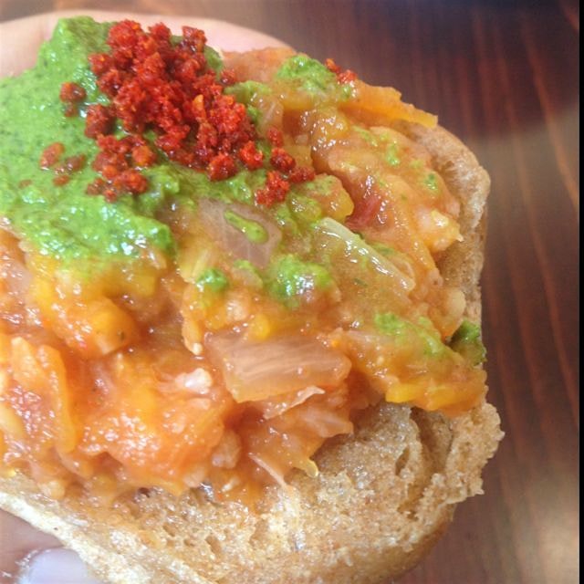 leftover Diwali dinner - pumpkin pav bhaji topped with fresh cilantro chutney!!