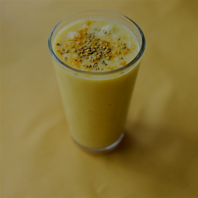 "A delicious yellow smoothie rich in antioxidants like beta-carotene for improved circulation, ey...