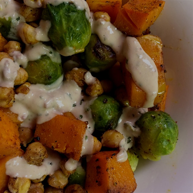 Curried Chickpeas & Butternut Squash with Brussels Sprouts & Cilantro Hummus Sauce 