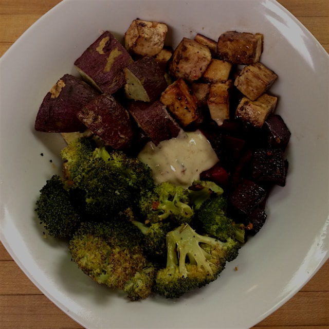 Purple sweet potato, beet, broccoli, & balsamic tofu with hummus 