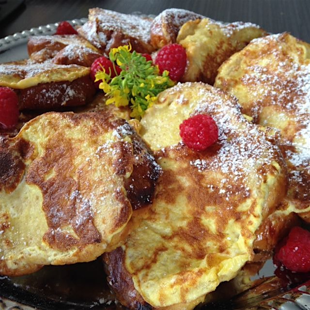 Brunchtastic challah French toast. Eggs tossed with yogurt makes the French toast super fluffy. T...