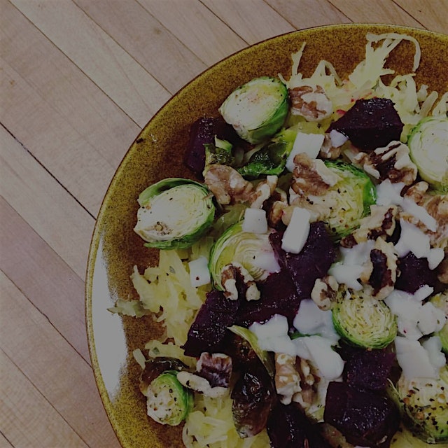 Spaghetti squash, roasted Brussels sprouts, beets, walnuts, & goat cheese