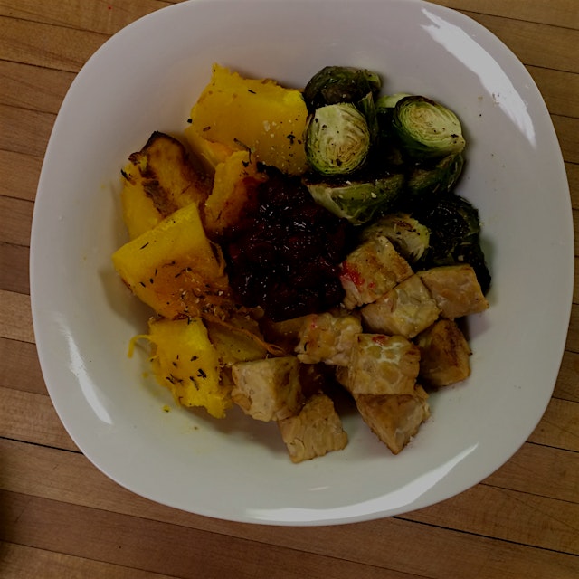 Roasted pumpkin and Brussels, apple cider vinegar soaked tempeh, & clean cranberry sauce 