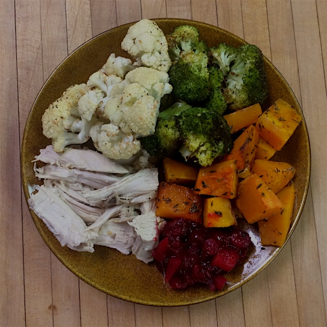 Turkey [free range organic] and roasted butternut squash, broccoli, and cauliflower with ginger-l...