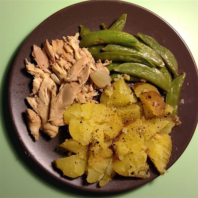 My day 1-3 meal! Crockpot chicken and taters w/ sautéed snap peas!